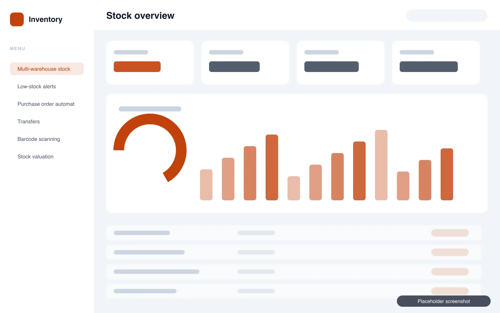 Inventory overview by warehouse with low-stock highlights