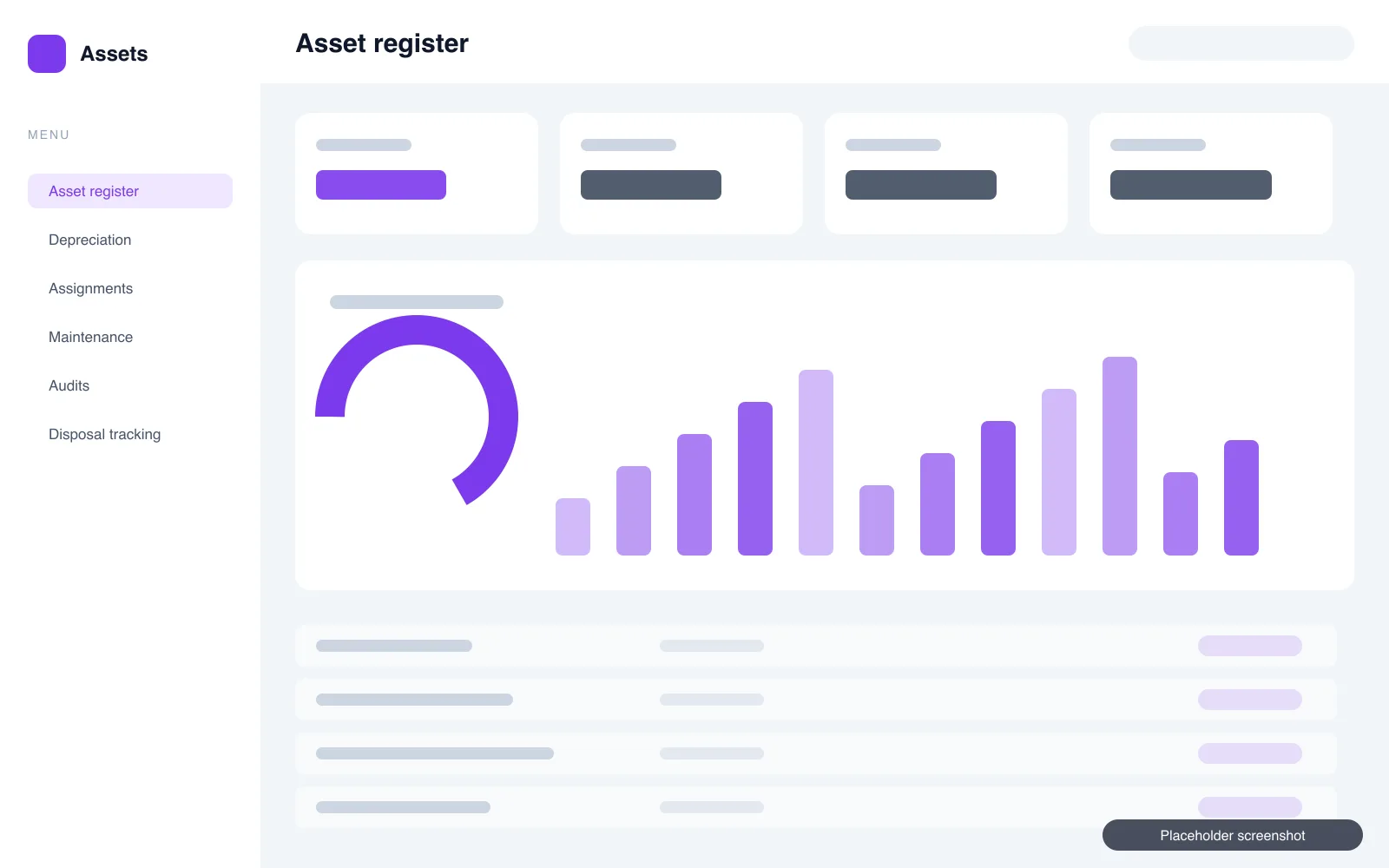Asset register list with categories and book values